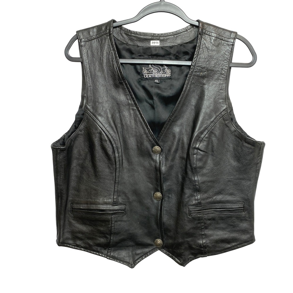 Vintage Leather King Biker Vest Mens XL Black Buffalo Nickel Buttons Leather